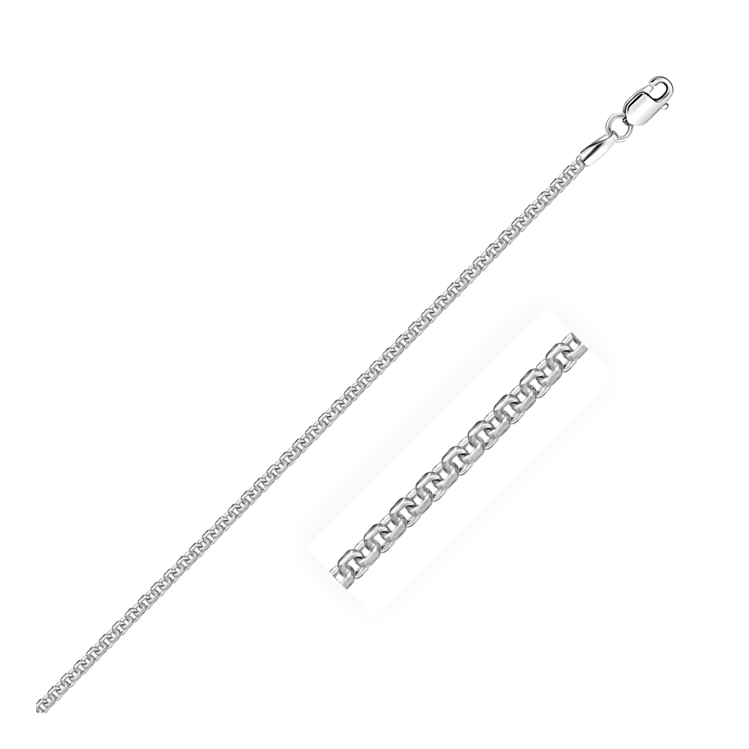 Sterling silver rhodium plated round box chain with a lobster clasp.