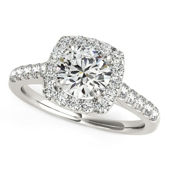 Square halo diamond engagement ring in 14k white gold with a pave band.