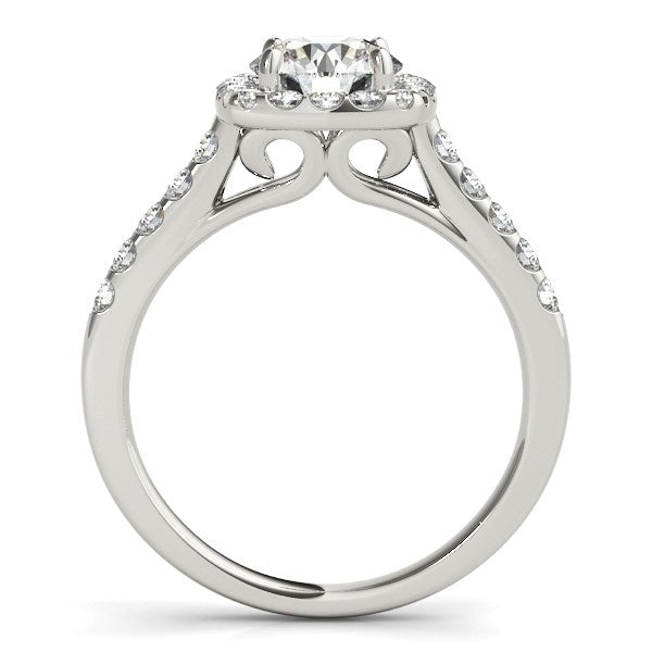 White gold engagement ring with a square halo and diamond-accented band.