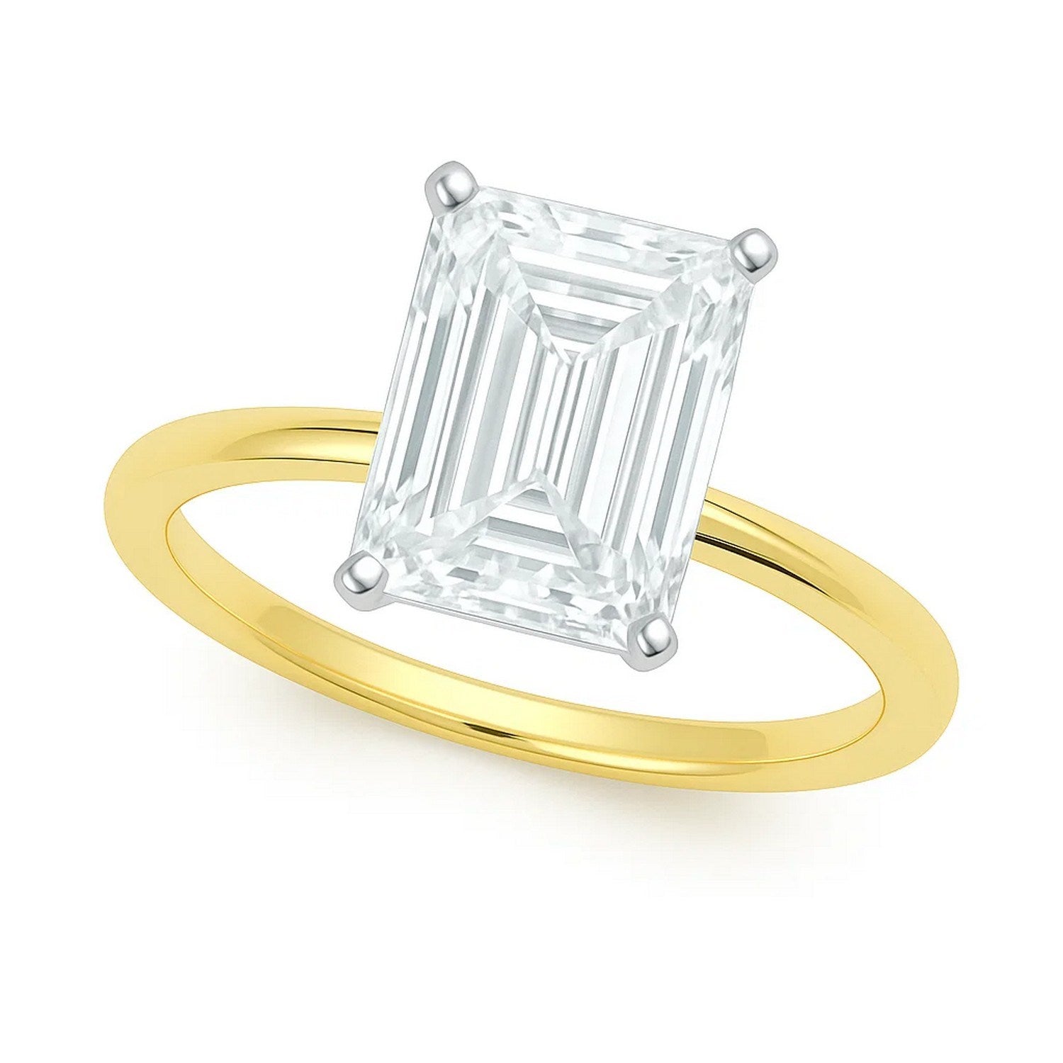 A radiant lab-grown diamond solitaire ring in 10K yellow gold with white gold prongs.