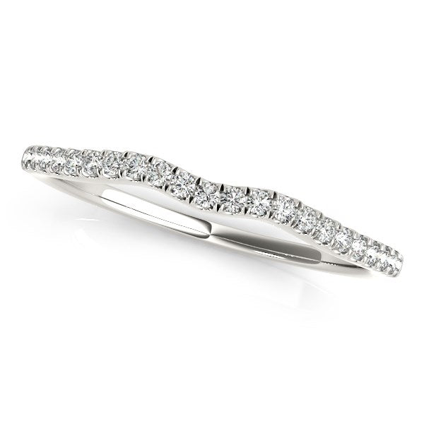 14k white gold wave-themed wedding band with prong-set round diamonds.