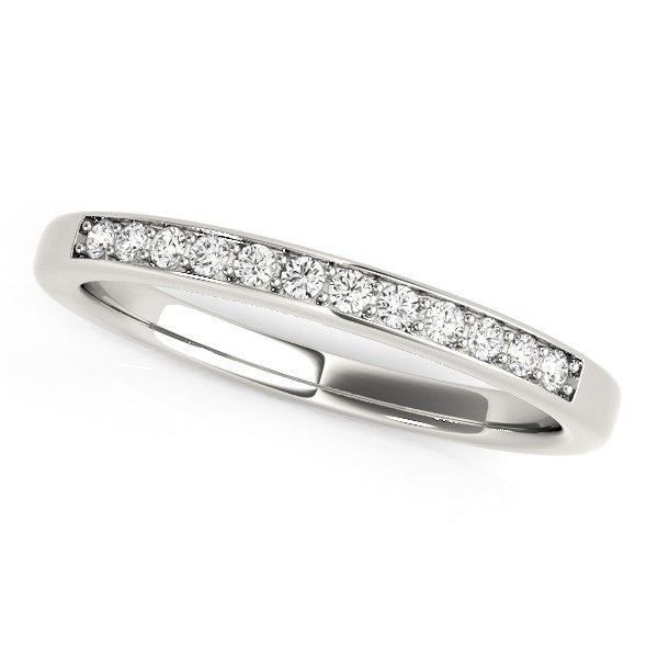 14k white gold wedding band with 18 prong-set round diamonds.