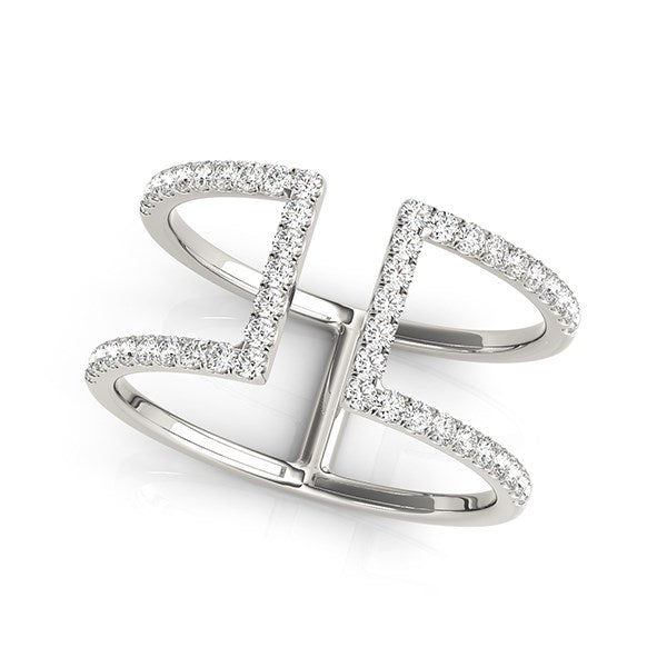 14k white gold modern dual band style diamond ring with pave set round diamonds.