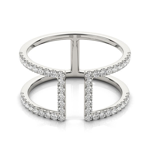 14k white gold dual band ring with pave-set round diamonds.