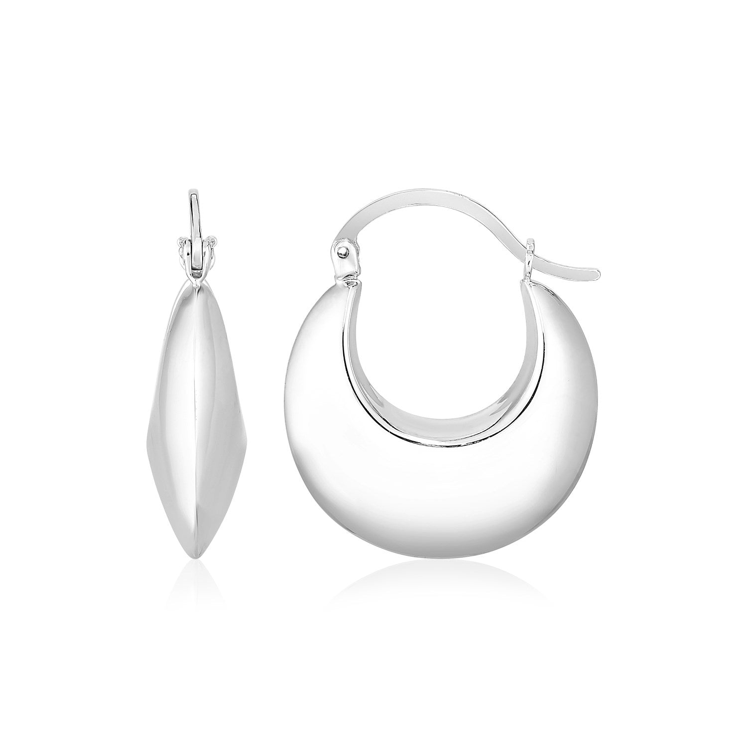 Sterling silver polished puffed hoop earrings with hinged snap backs.