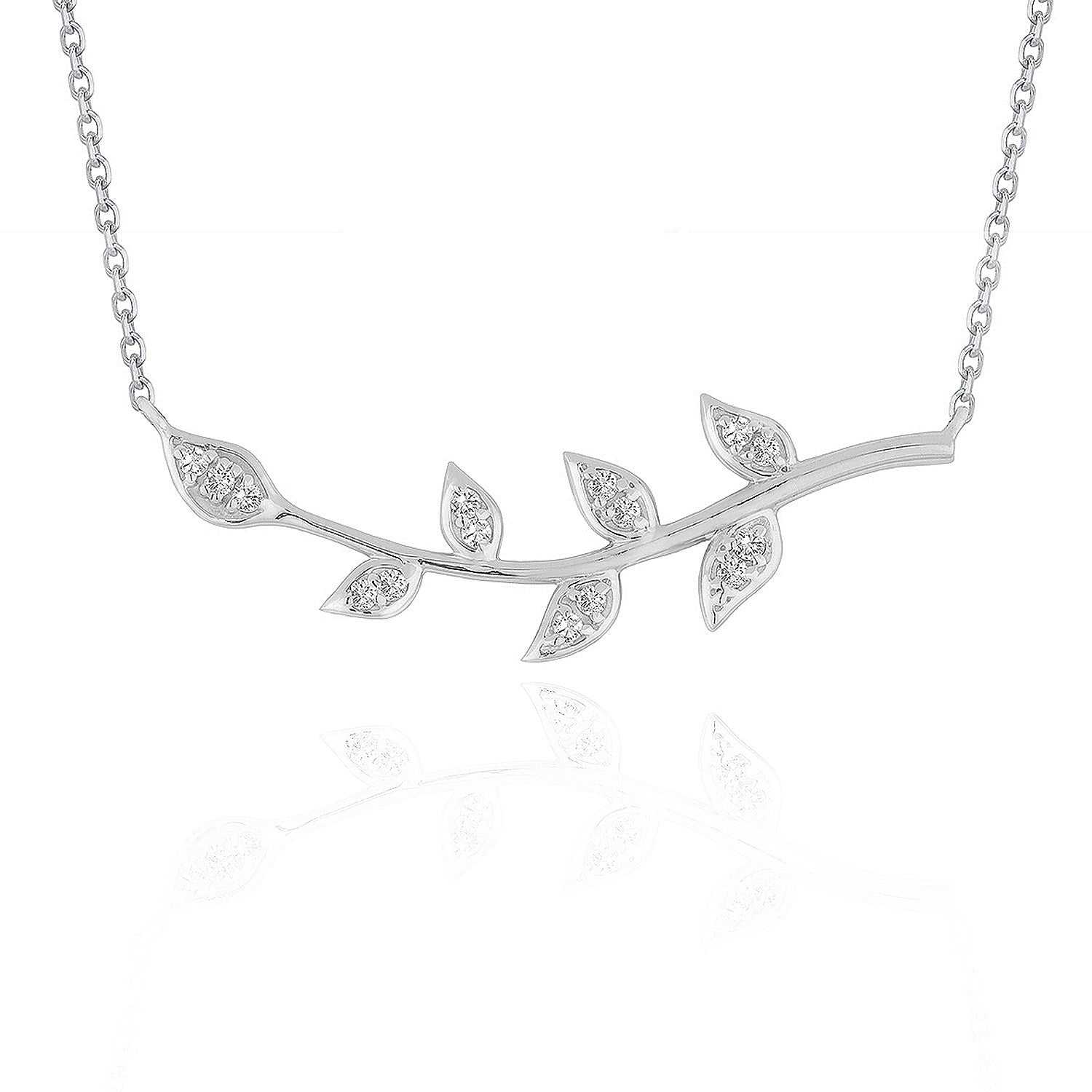 14k white gold vine pendant with diamond-studded leaves on a cable chain.
