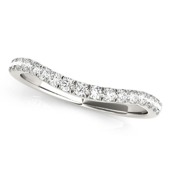 14k white gold curved wedding band with pave set round diamonds.