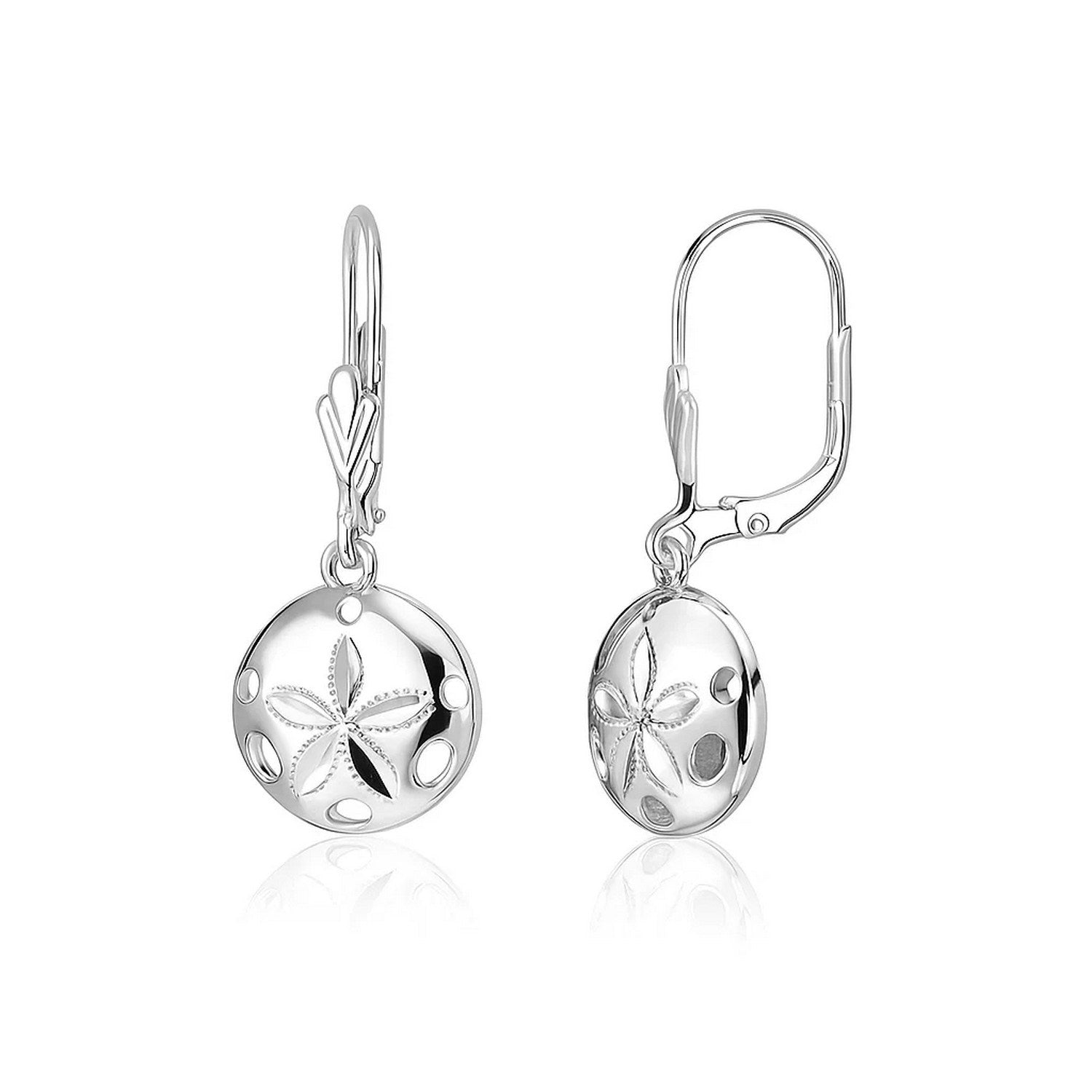 Sterling silver sand dollar dangle earrings with lever back clasps.