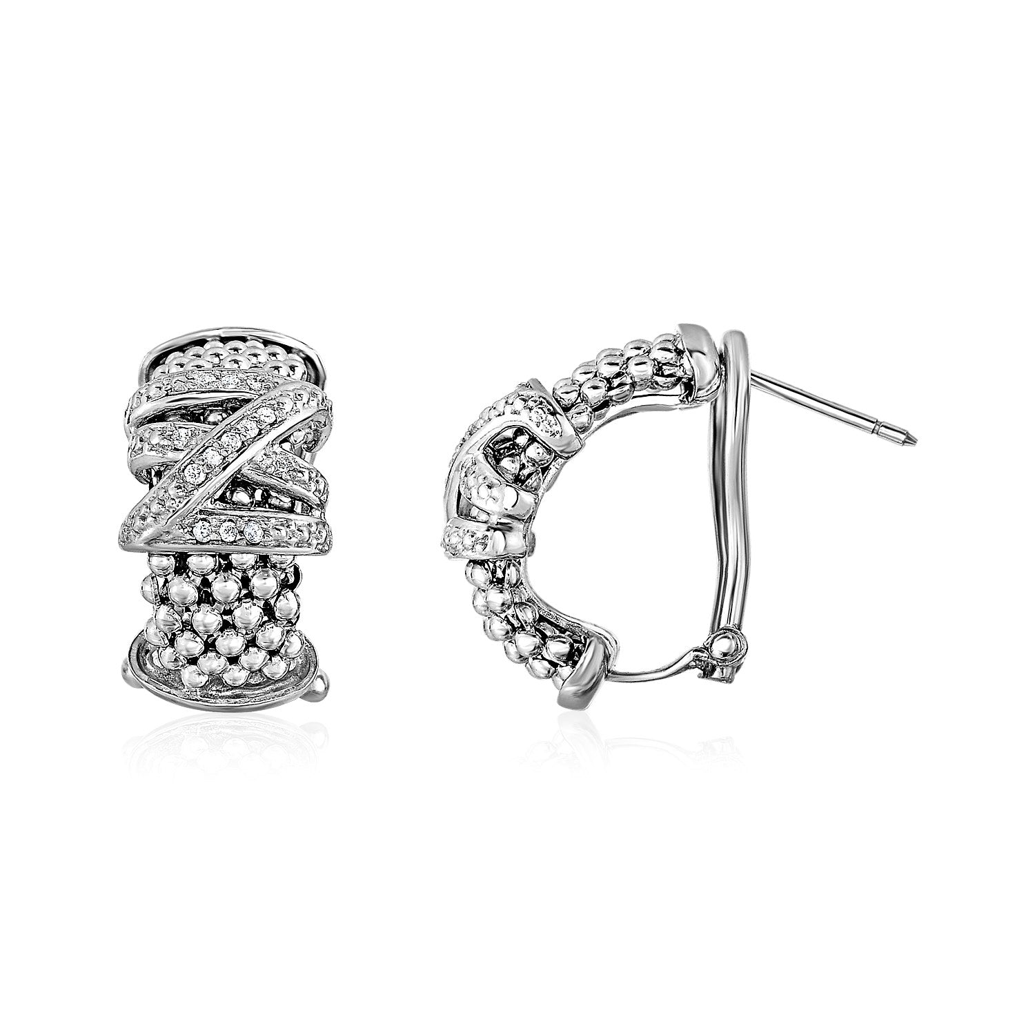 Sterling silver popcorn texture earrings with crossover diamond motif and omega backs.