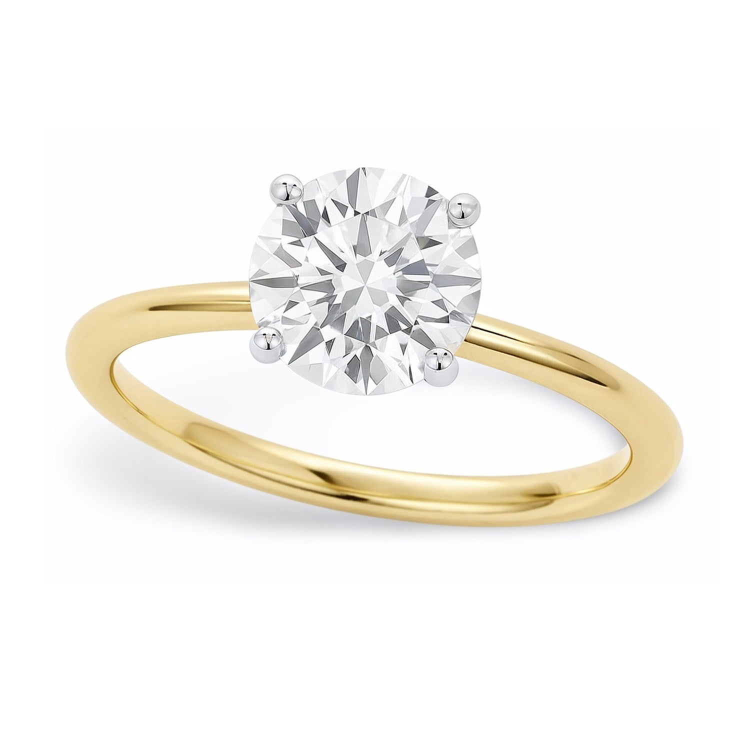 A 1 carat round lab-grown diamond solitaire ring in 14K yellow gold.