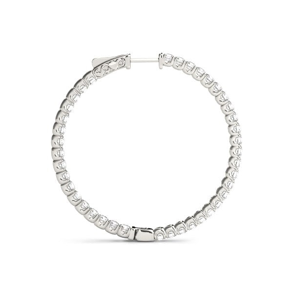 14k white gold diamond hoop earring with shared prong setting and hinge closure.
