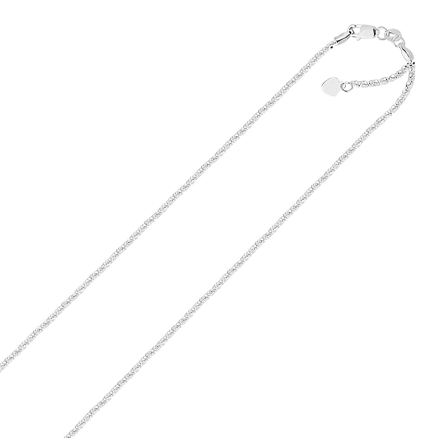 Sterling silver 1.5mm adjustable sparkle chain with a heart dangle and lobster clasp.