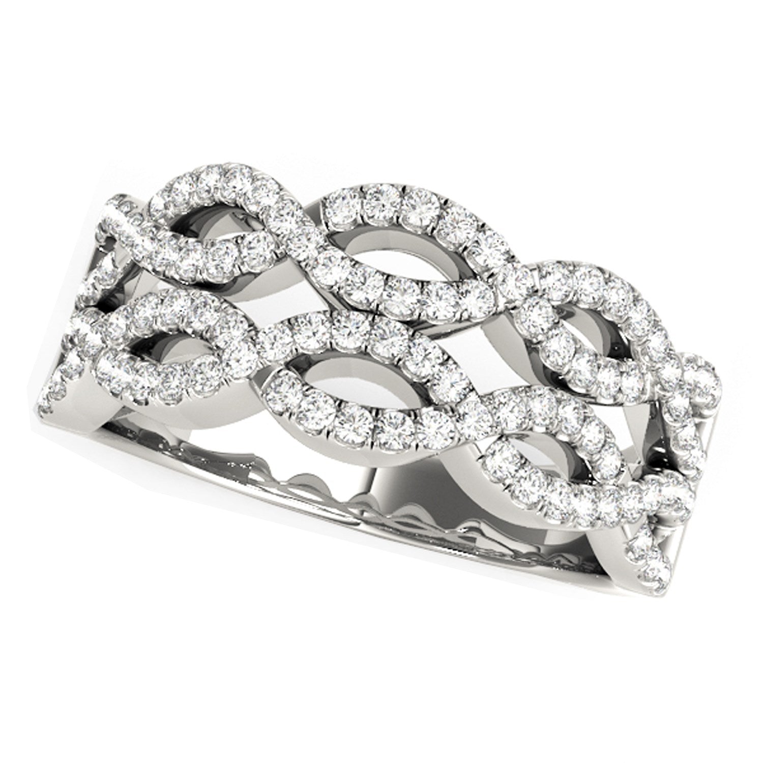 14k white gold ring with two interlocking waves of prong-set round diamonds.