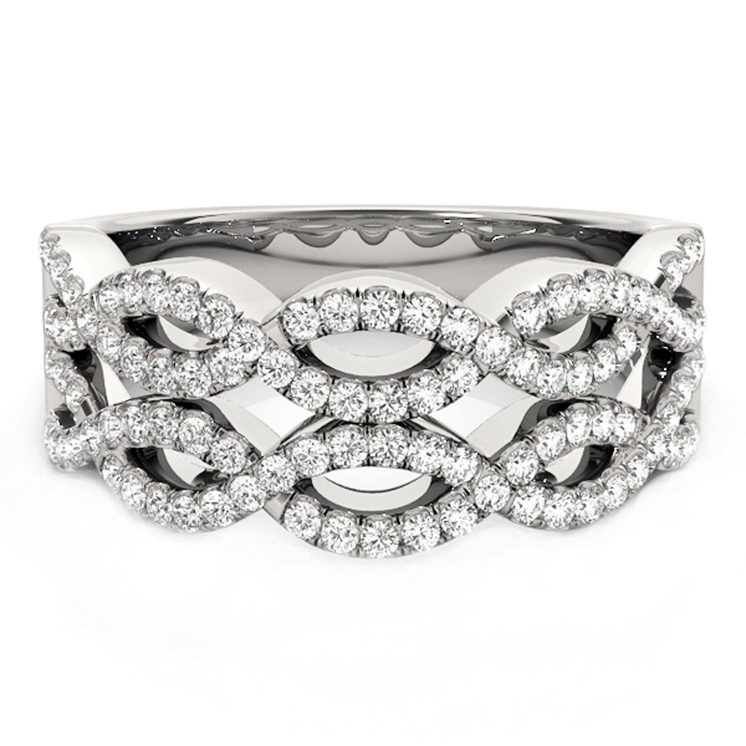 Diamond studded double interlocking waves ring in 14k white gold.