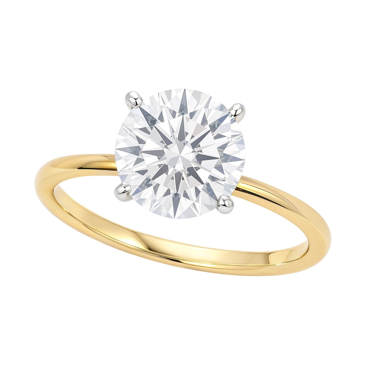 A 3 carat round lab grown diamond solitaire ring in 10K yellow gold.