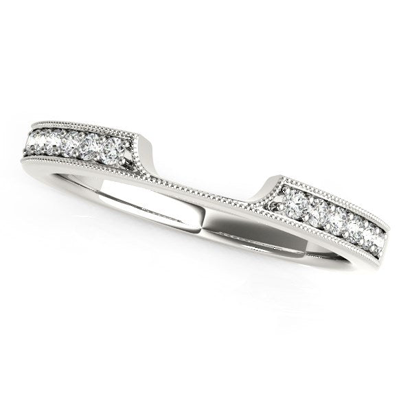 14k white gold curved wedding band with prong-set round diamonds and milgrain detailing.