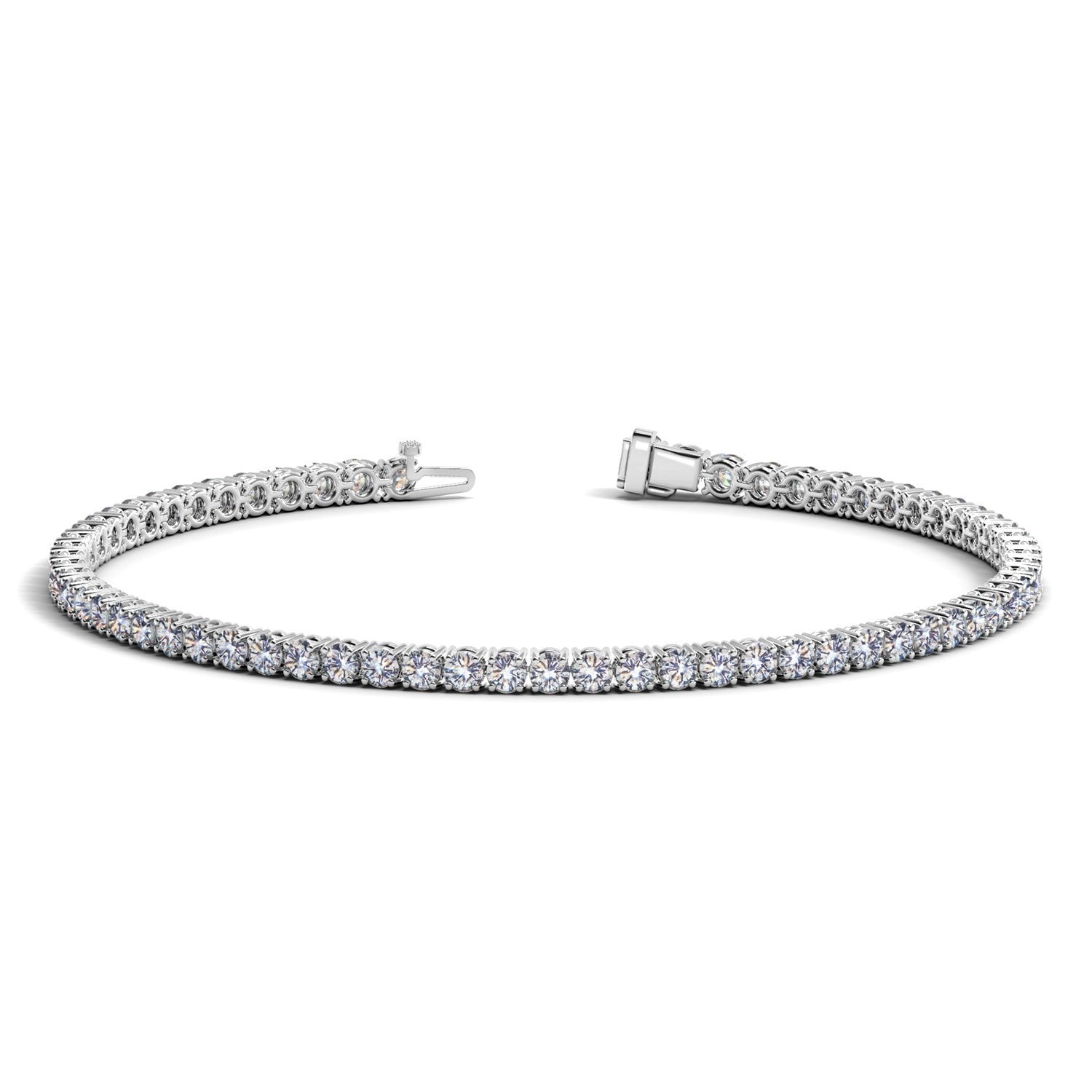 A white gold tennis bracelet with numerous round, brilliant-cut diamonds, unclasped.