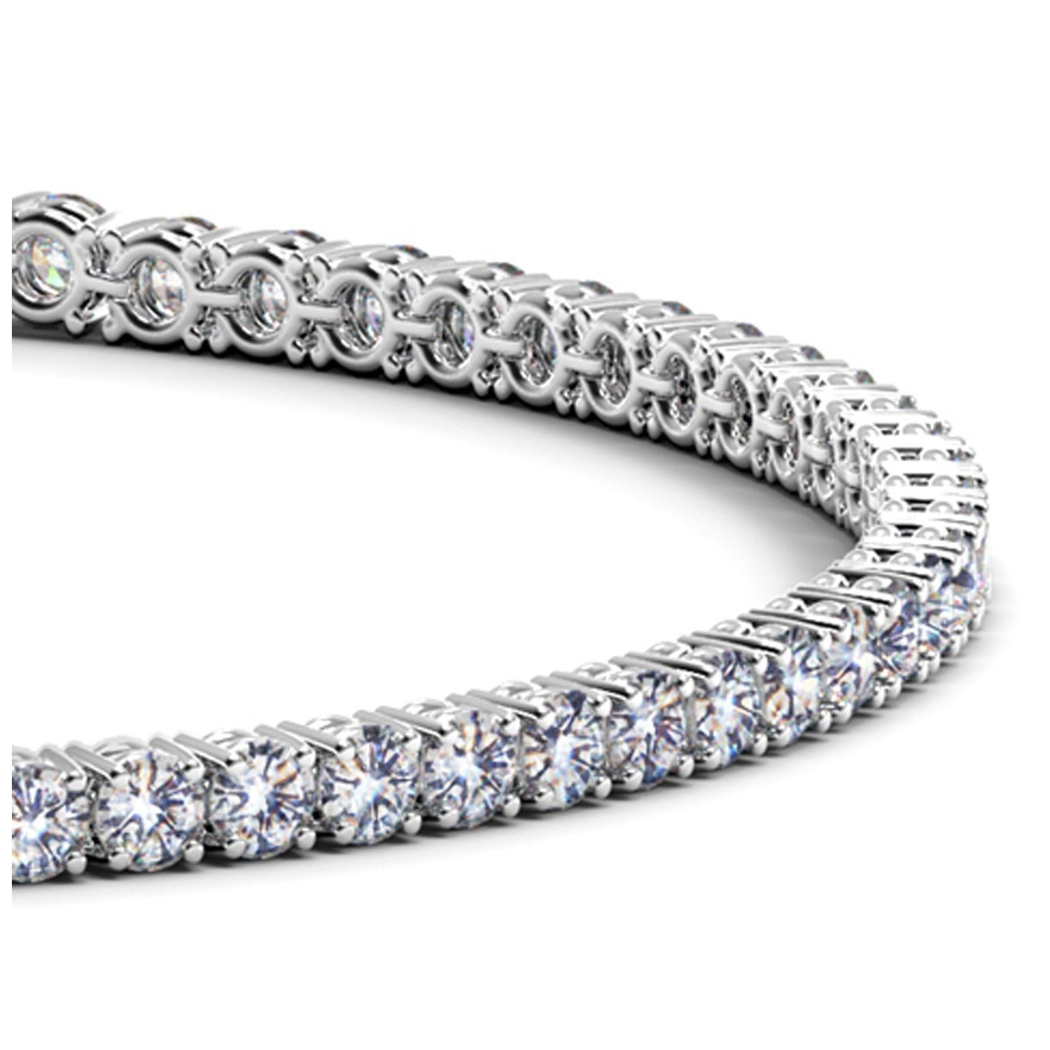 A white gold tennis bracelet featuring a continuous line of round, brilliant-cut diamonds.