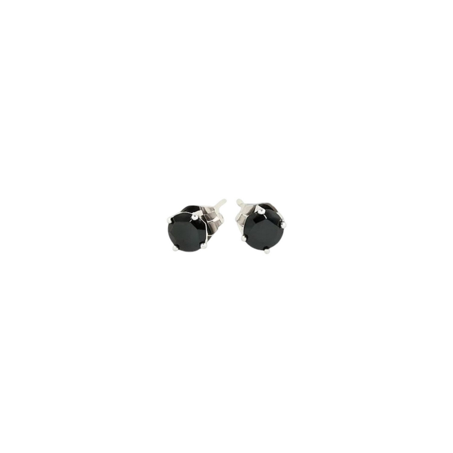 14k white gold stud earrings with round, black cubic zirconia stones.