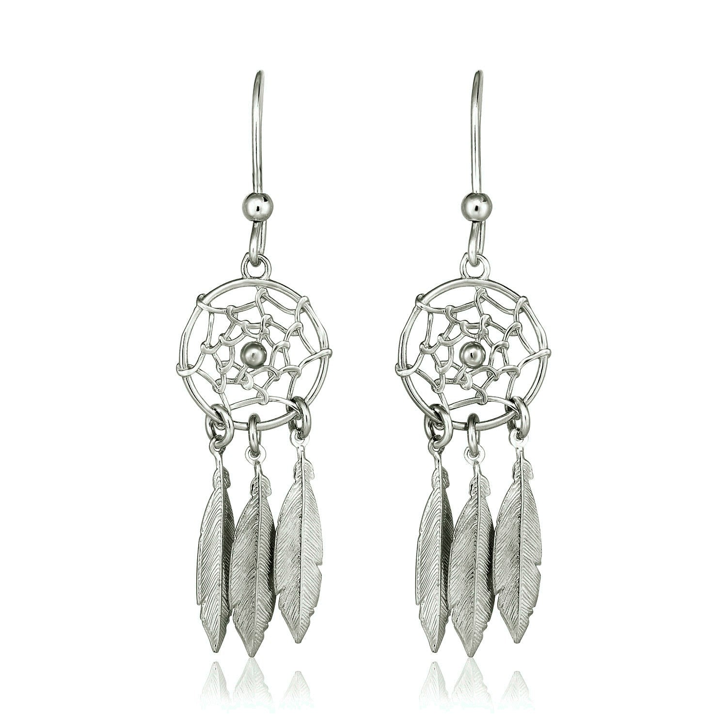 Sterling silver dream catcher dangle earrings with three textured feathers.