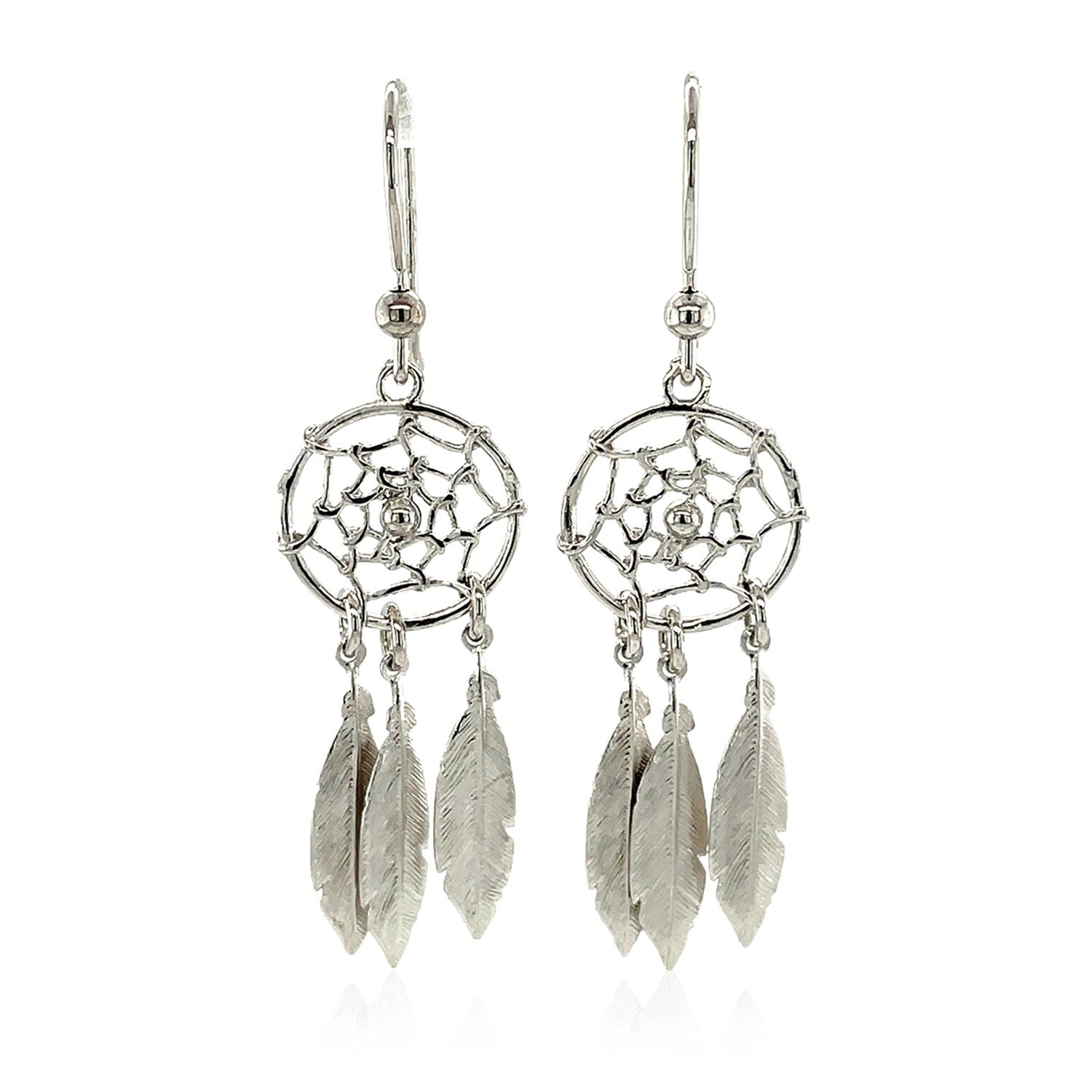 Sterling silver dream catcher dangle earrings with three textured feathers.