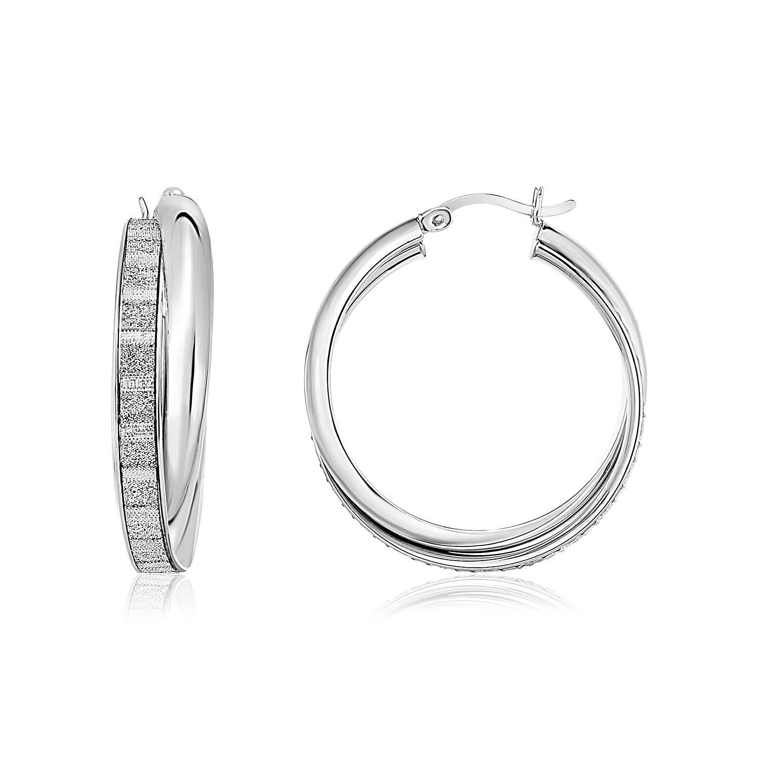 Sterling silver hoop earrings with glitter texture in a square pattern.