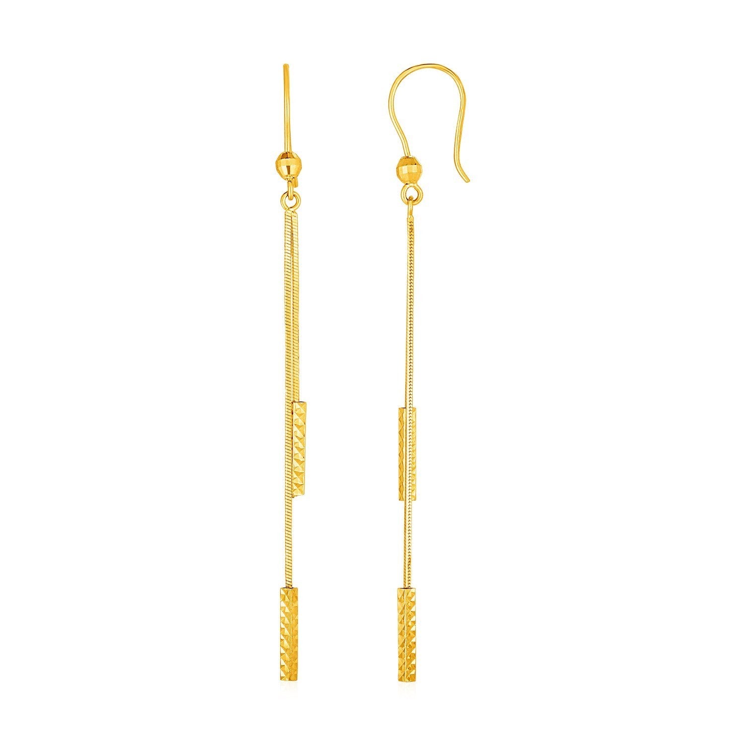 Textured bar long drop earrings in 14k yellow gold with French wire clasps.