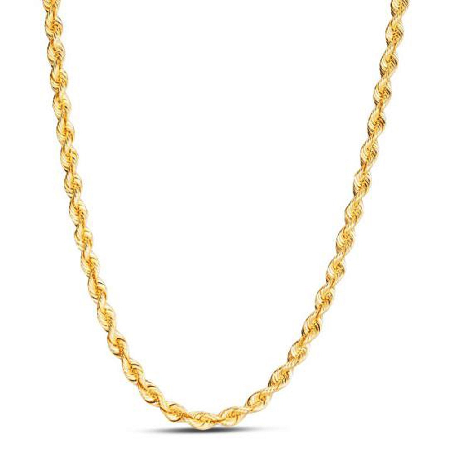 A 14k yellow gold light rope chain with a lobster clasp.
