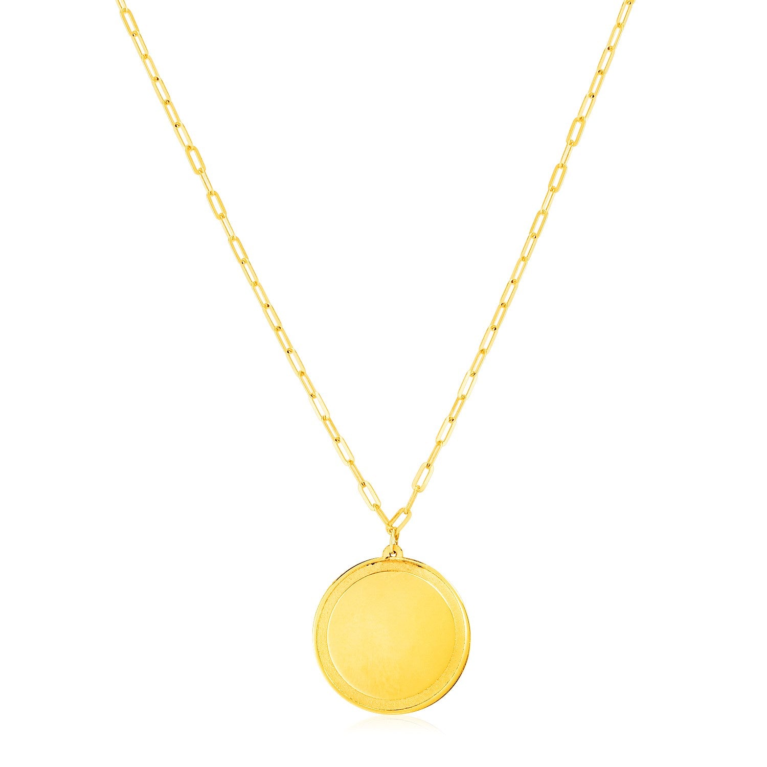 14K yellow gold paperclip chain necklace with a round tag pendant.
