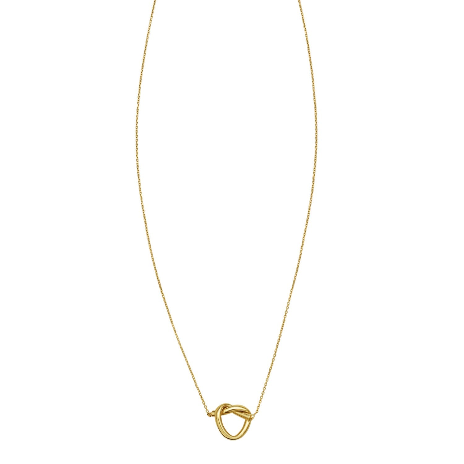 14K yellow gold love knot necklace with a polished knot pendant on a cable chain.