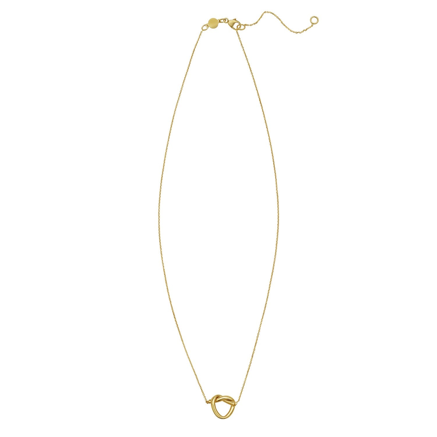 14K yellow gold love knot necklace with a cable chain and lobster clasp.