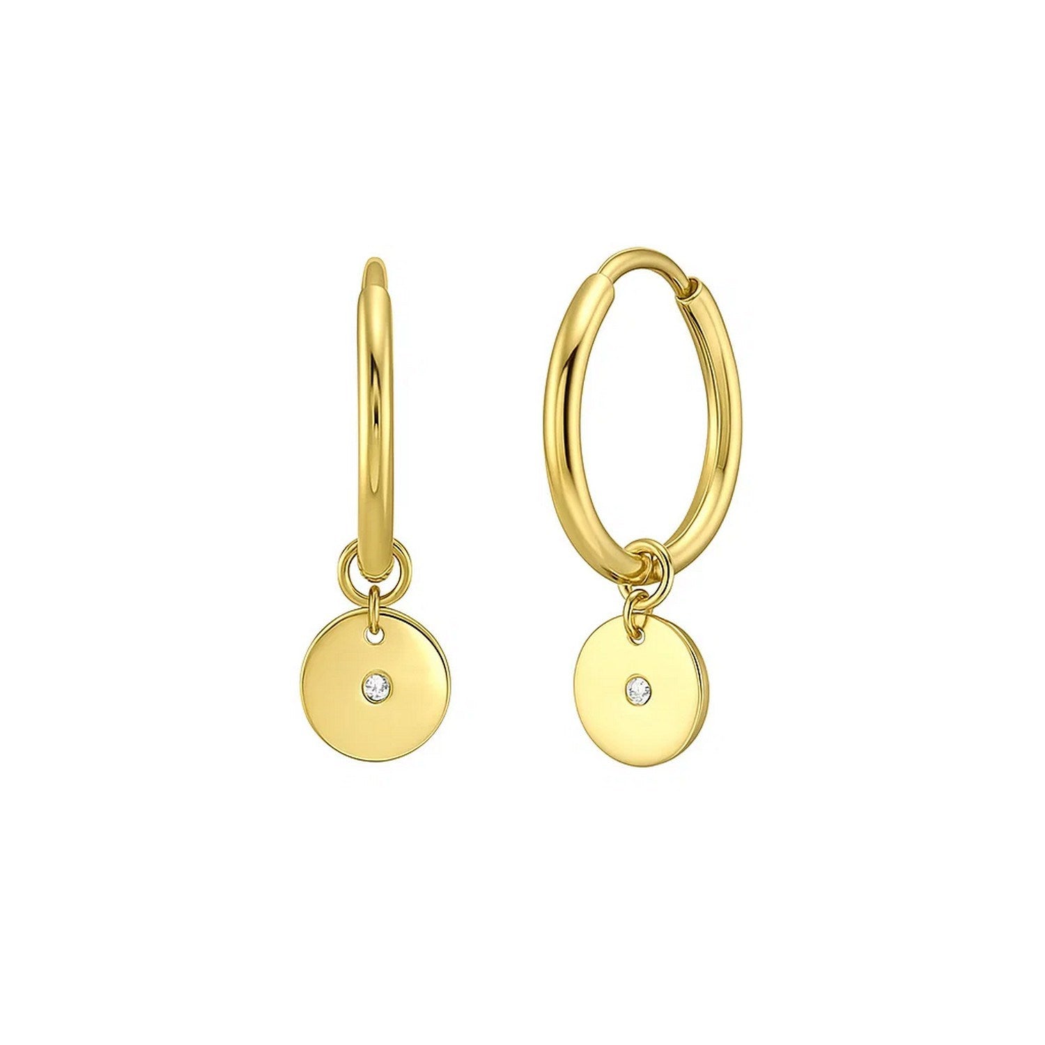 14K yellow gold hoop earrings with diamond disc charms.
