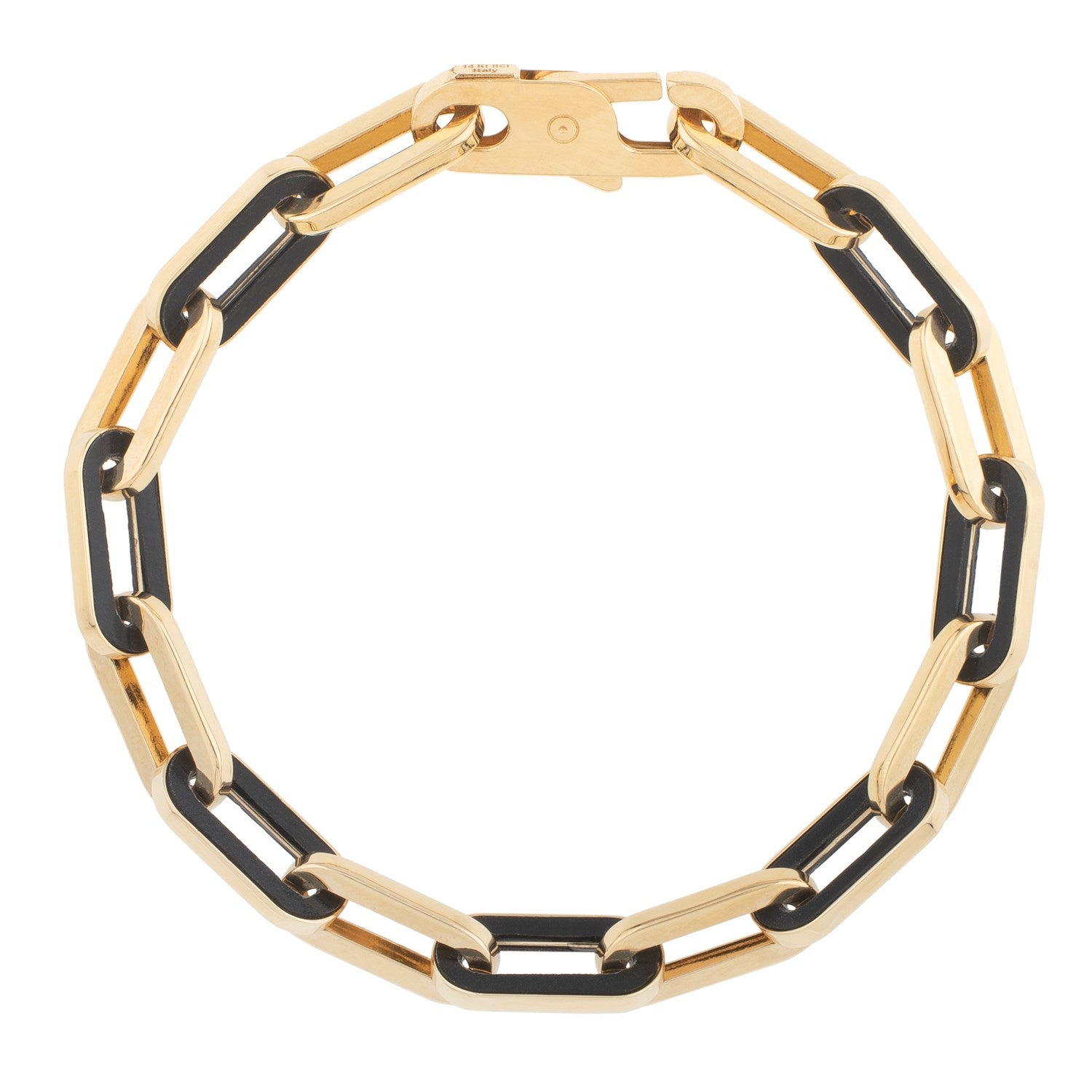 14k yellow gold paperclip link bracelet with black onyx accents and a lobster clasp.