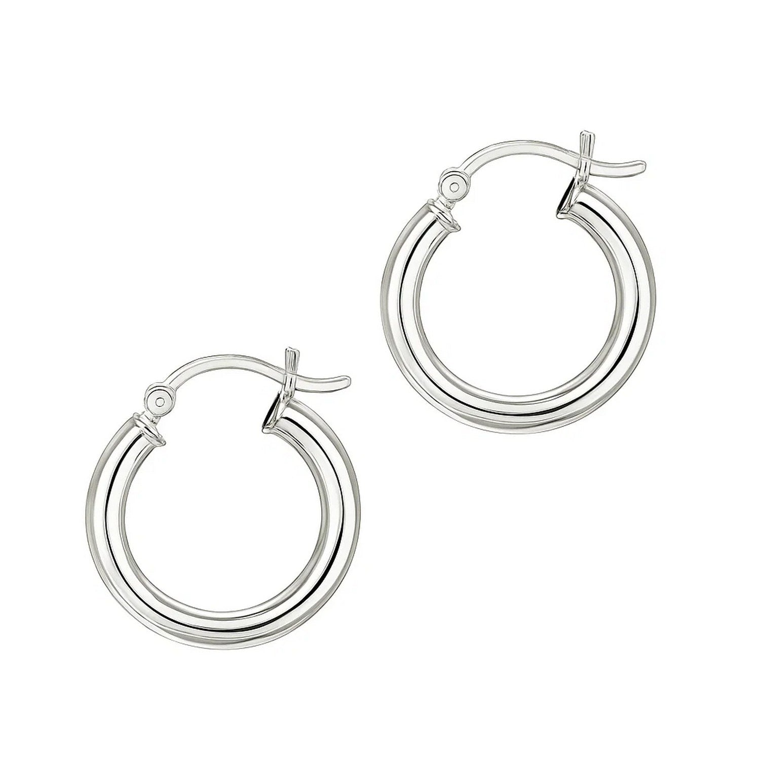 A pair of polished rhodium-plated sterling silver hoop earrings with snap locks.