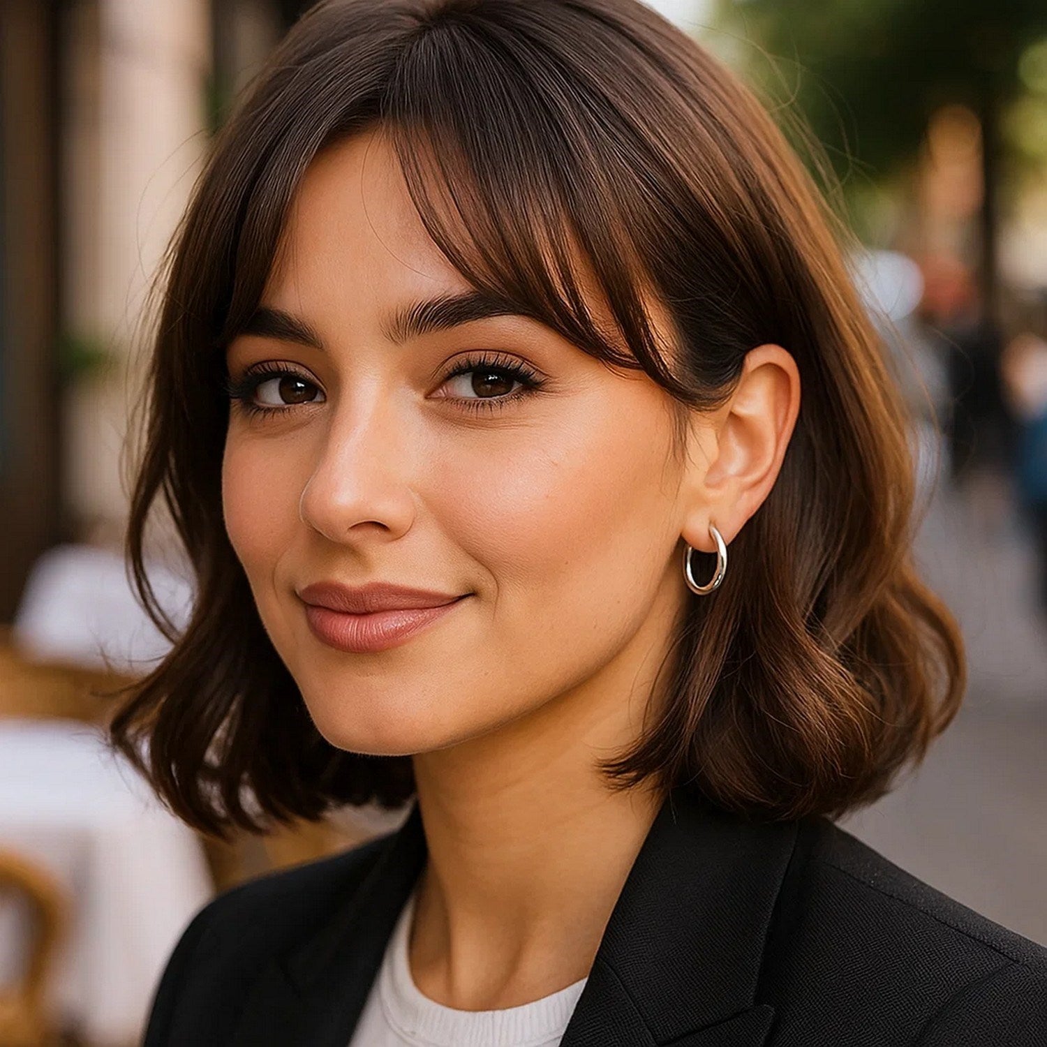 Sterling silver polished hoop earrings with rhodium plating on a woman.