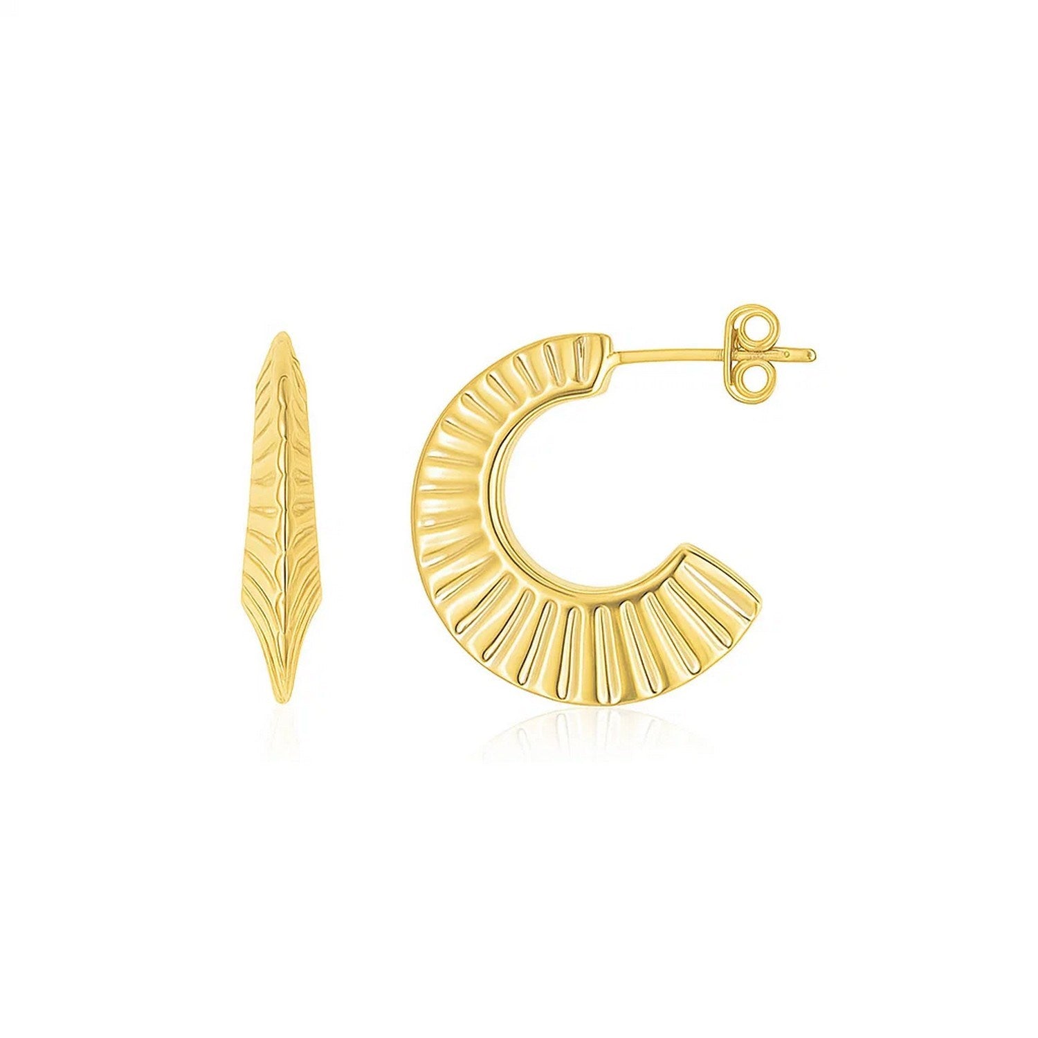14K yellow gold graduated scalloped pointed half hoop earrings with a push back closure.
