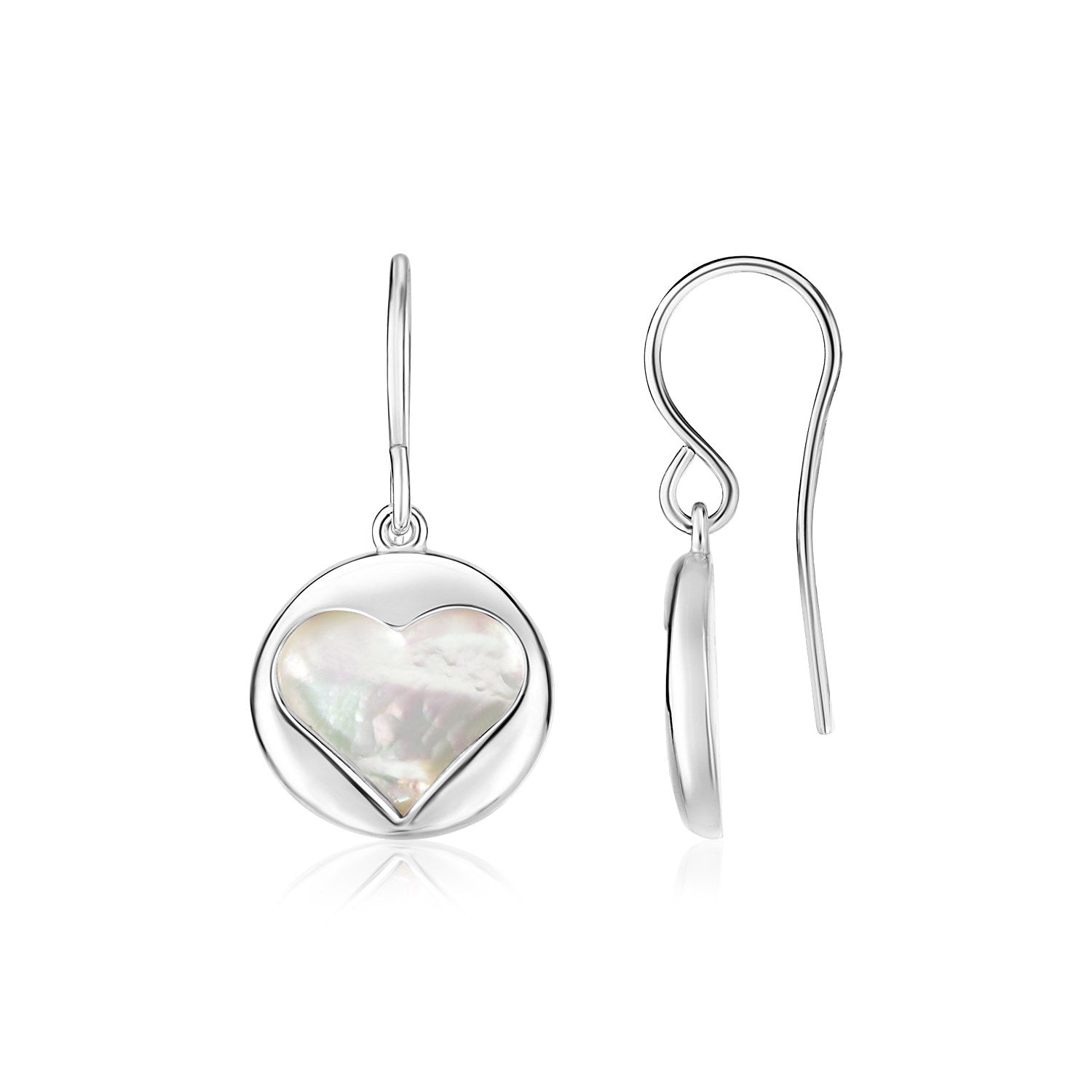 Sterling silver heart cutout earrings with mother of pearl.