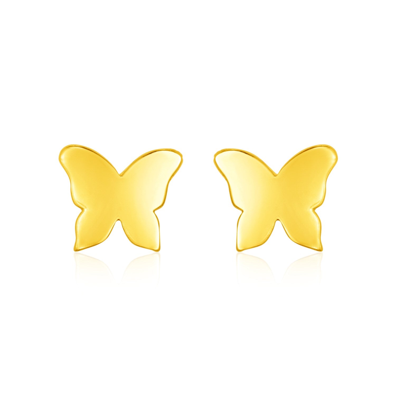Two polished 14k yellow gold butterfly post earrings are shown.
