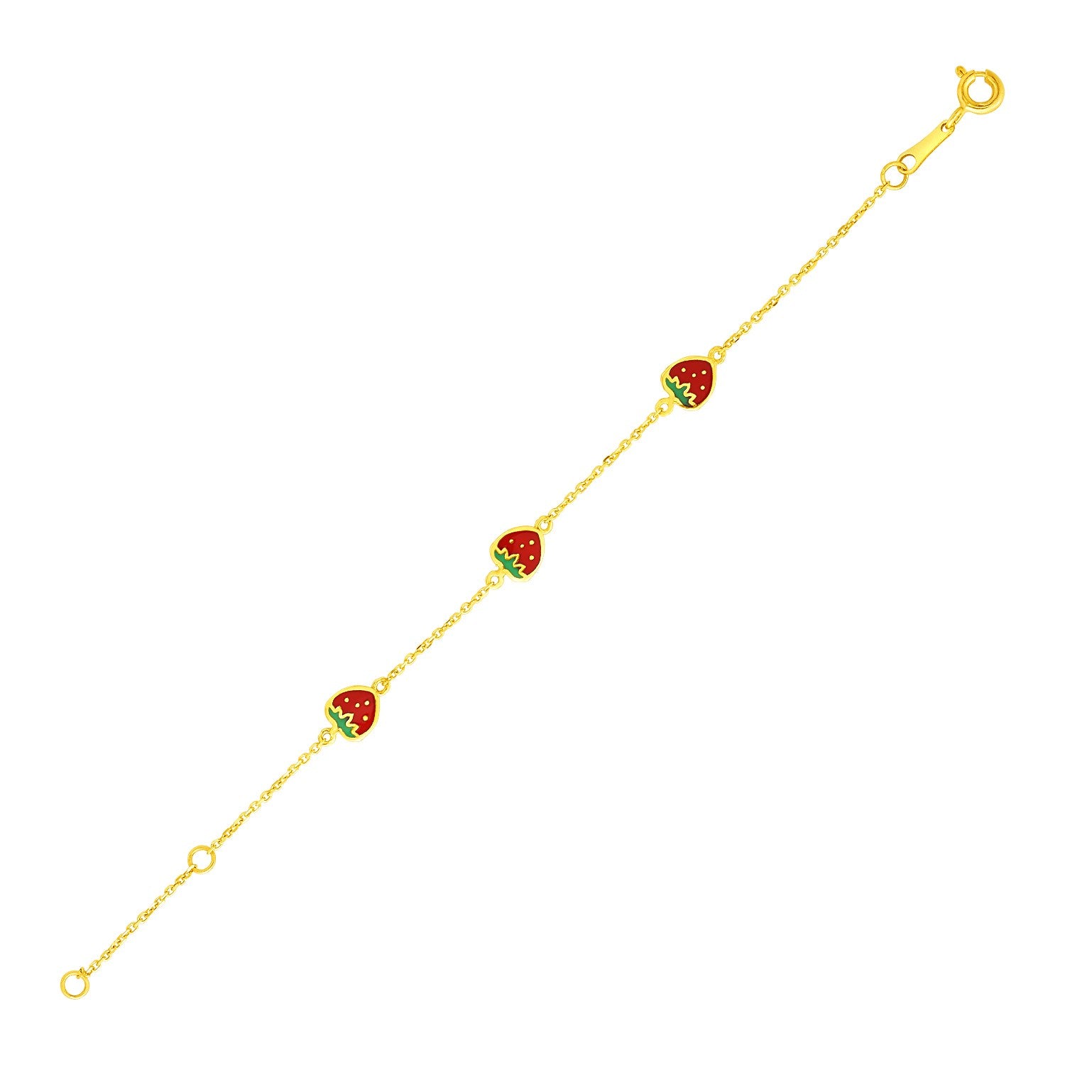 14k yellow gold children's bracelet with three enameled strawberry charms.