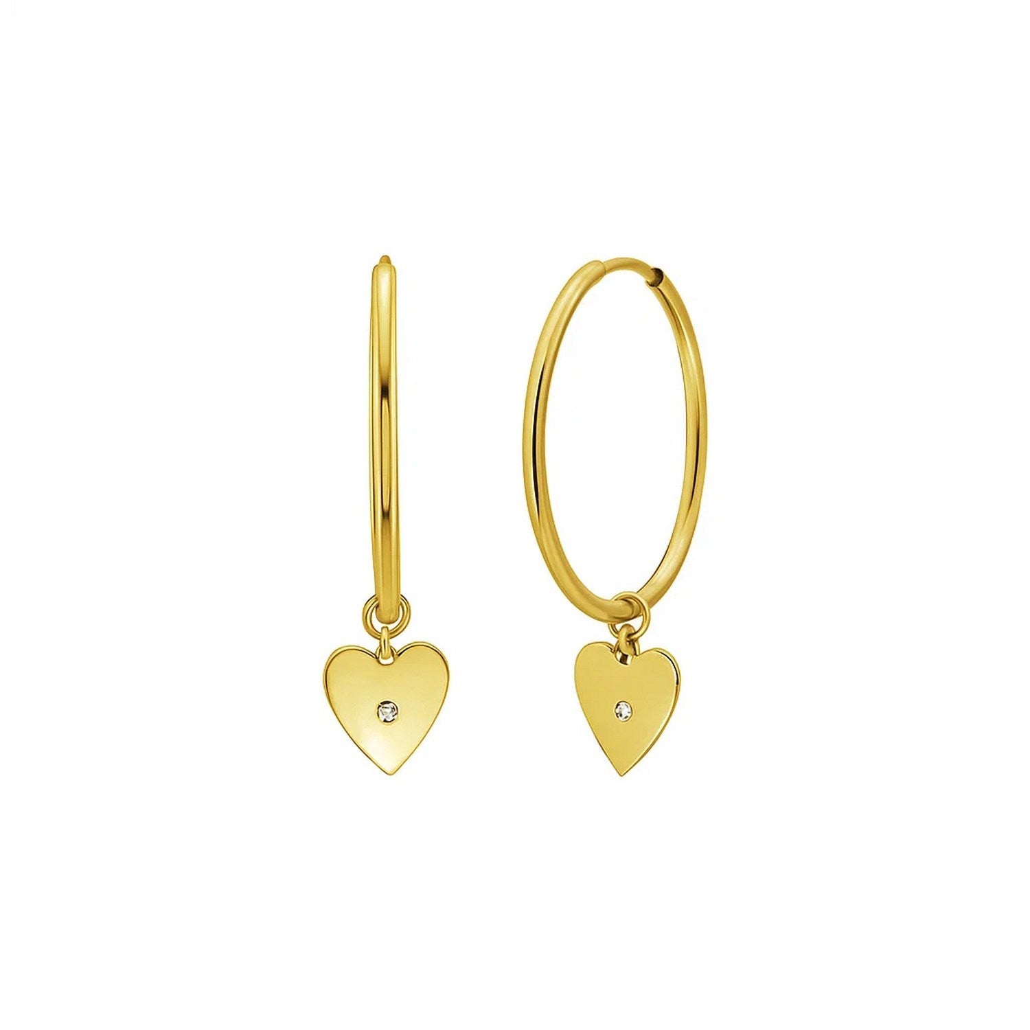 14K yellow gold hoop earrings with diamond heart charms.