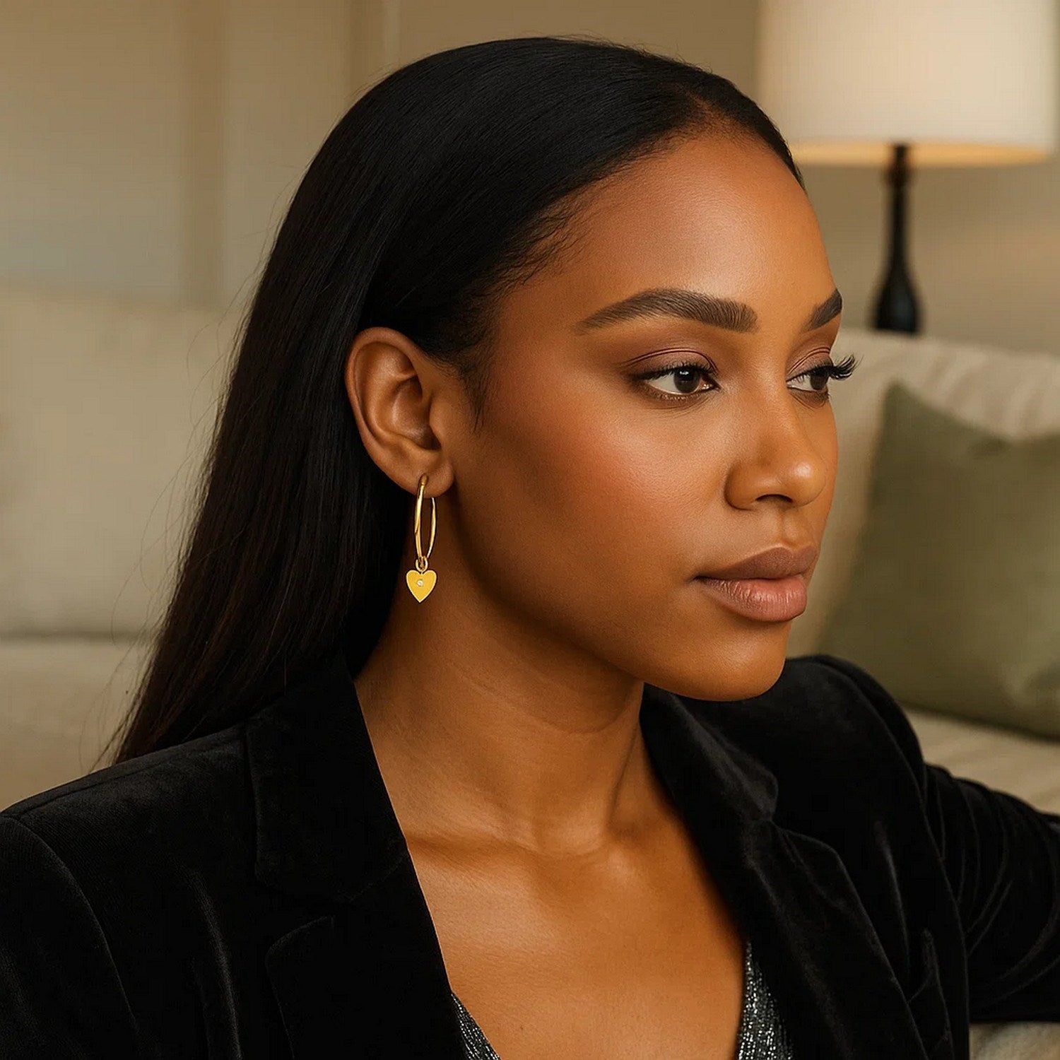 14K yellow gold hoop earrings with diamond heart charms are worn by a woman.