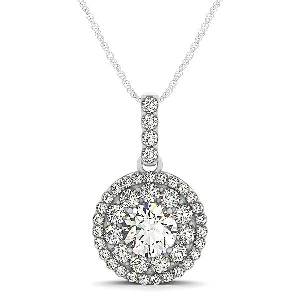 A 14k white gold diamond halo round shape pendant with a rope chain.