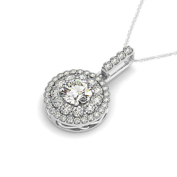 14k white gold diamond halo round shape pendant with a rope chain.