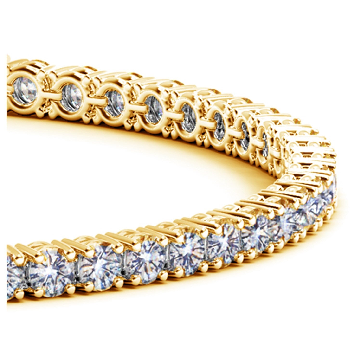 A yellow gold tennis bracelet with numerous round, brilliant-cut diamonds.