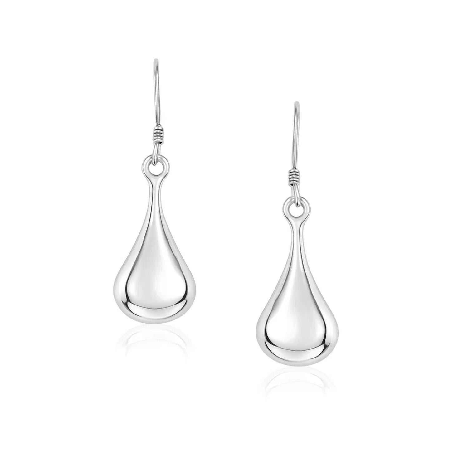 Sterling silver long teardrop shape puff drop earrings with French hooks.