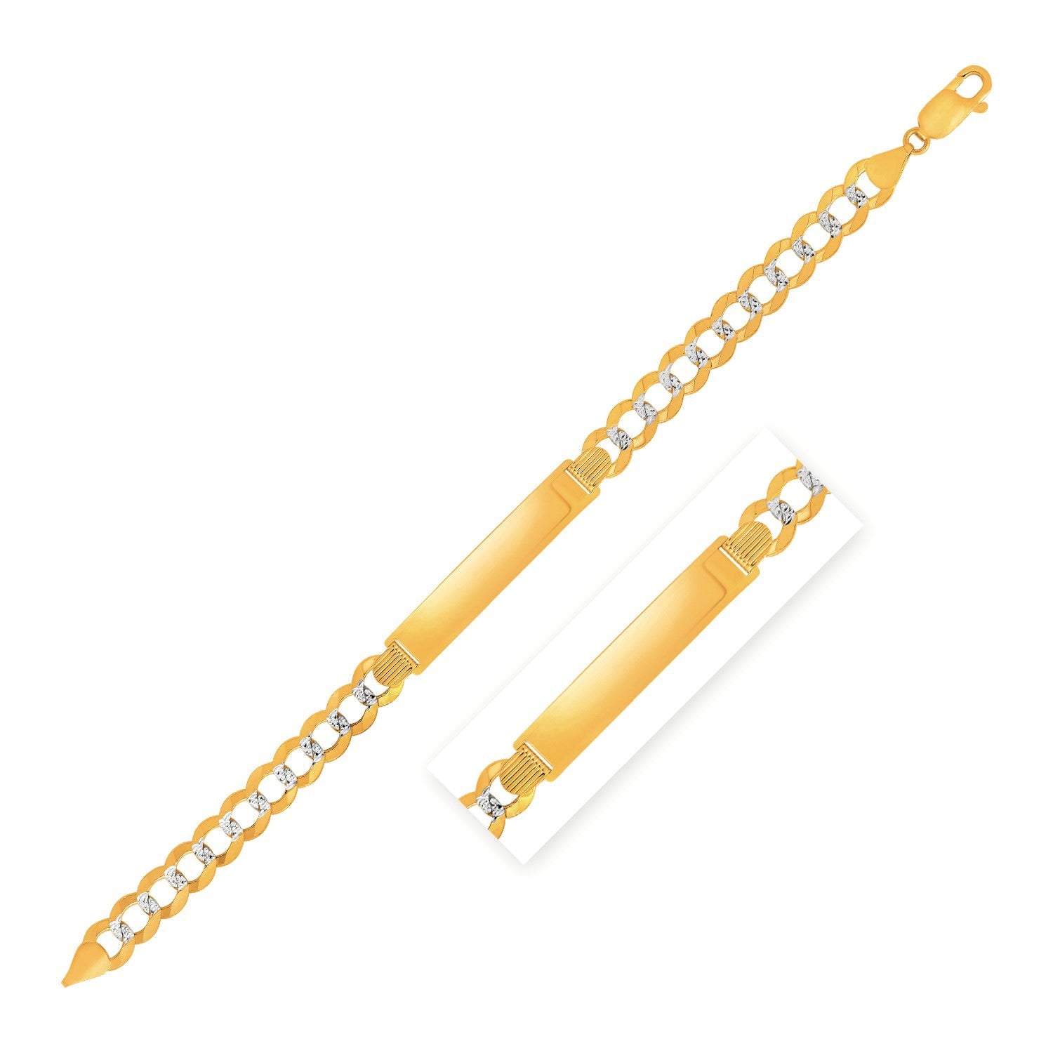 14k two-tone gold men's narrow curb chain ID bracelet with white pave texture.
