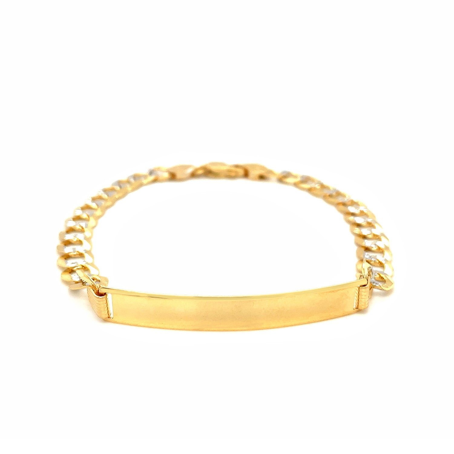 14k two-tone gold men's narrow curb chain ID bracelet with a polished plate.