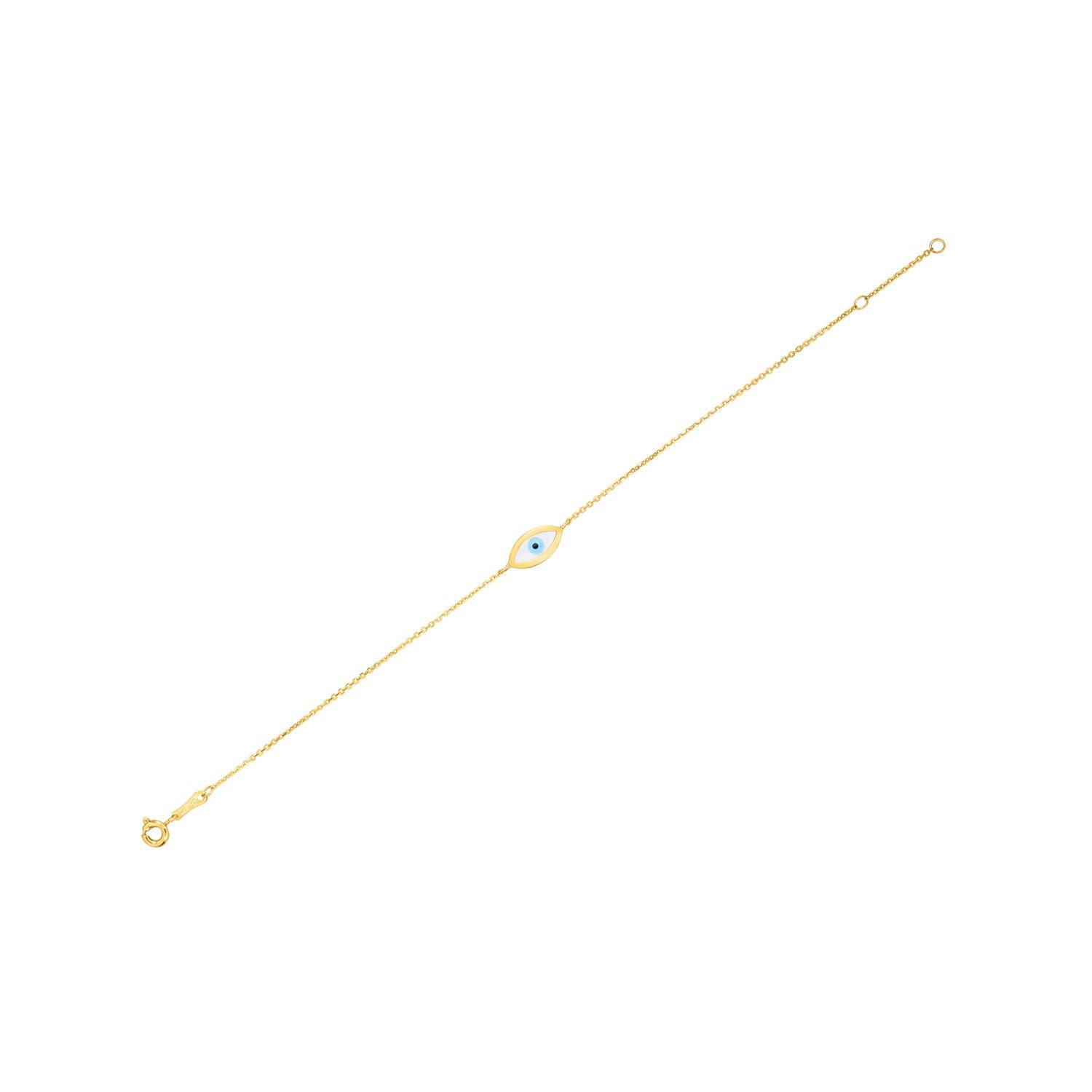 14k yellow gold evil eye bracelet with a mother of pearl charm.