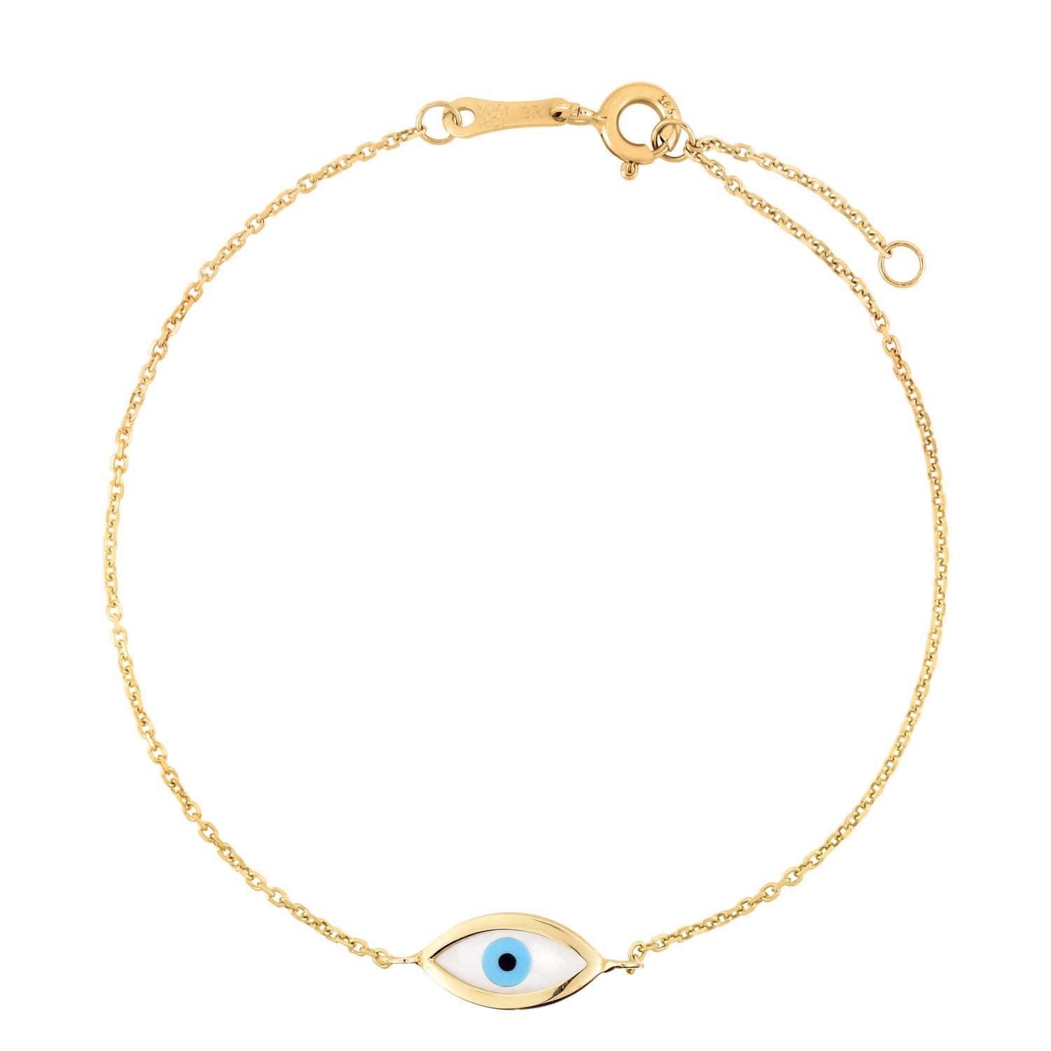 14k yellow gold rolo chain bracelet with a mother of pearl evil eye charm.