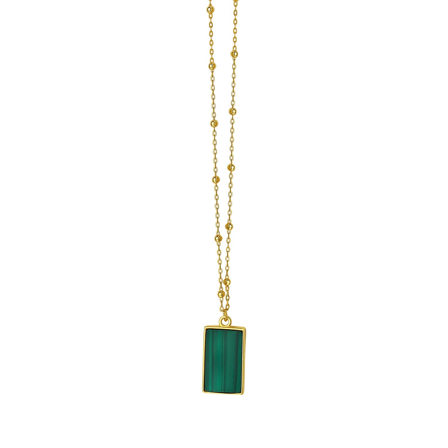 A 14K yellow gold necklace with a rectangular malachite pendant.